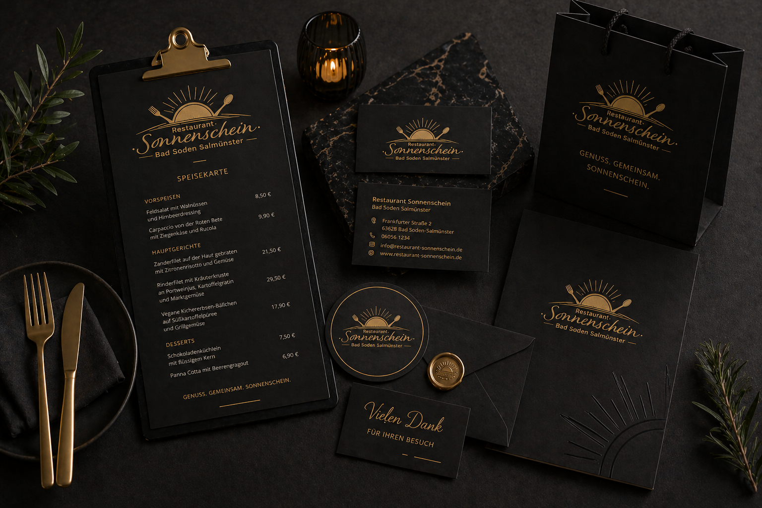 Restaurant Sonnenschein Branding Mockup mit Logo und Restaurantdesign