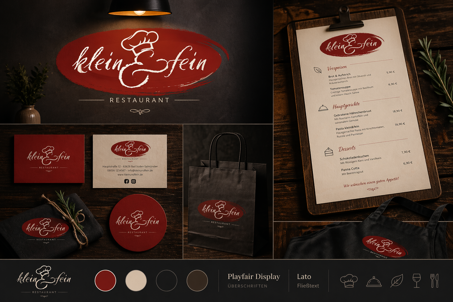 Restaurant Klein & Fein Branding Mockup mit Logo und Speisekarten-Design