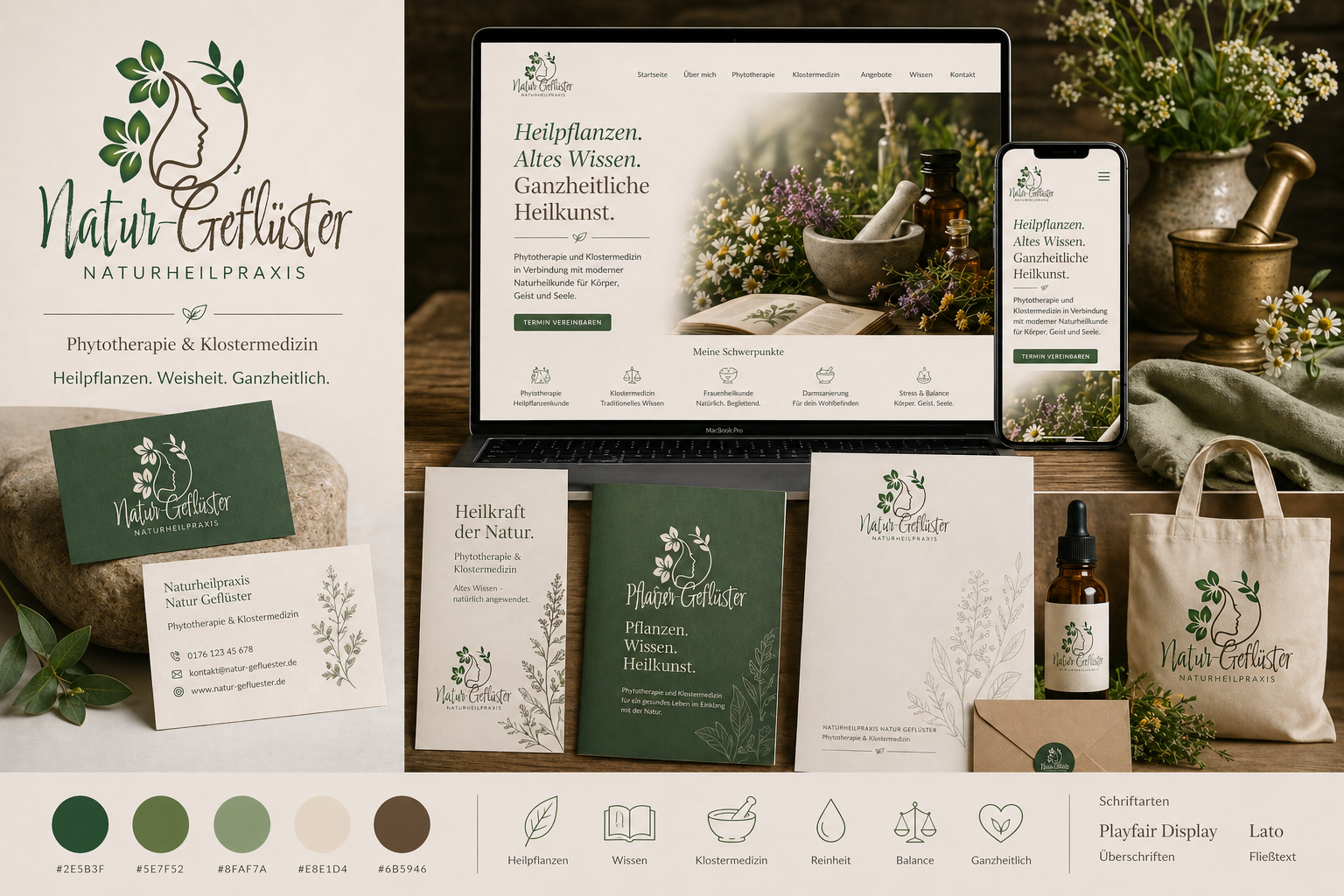 Natur-Geflüster Logo-Mockup für Naturheilpraxis und Phytotherapie